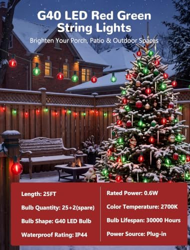 25Ft G40 LED Red Green Outdoor String Lights, 27 Shatterproof Globe Bulbs, alternate view 4