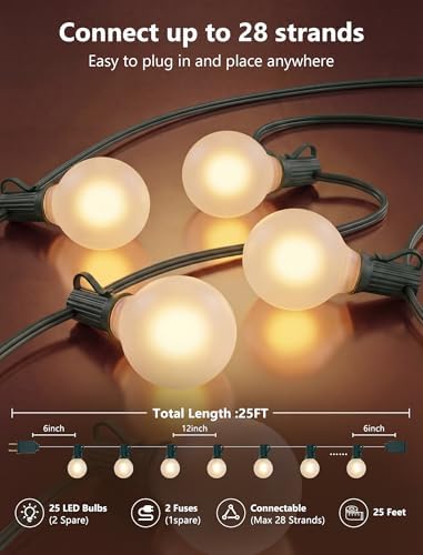 25FT LED G40 Frosted White Outdoor String Lights 27 Shatterproof Globe Bulb, alternate view 2