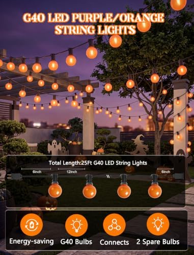 25Ft LED Outdoor Halloween Decorations Lights, 25 G40 Orange Globe Bulbs, alternate view 2