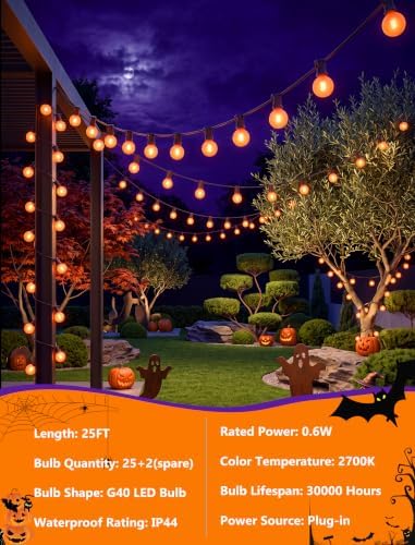 25Ft LED Outdoor Halloween Decorations Lights, 25 G40 Orange Globe Bulbs, alternate view 3