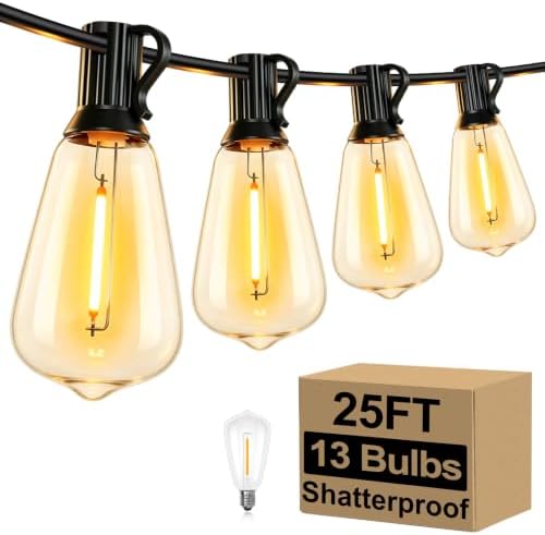 25FT Outdoor String Lights 13 Bulbs, 2200K Amber Lights