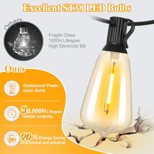 25FT Outdoor String Lights 13 Bulbs, 2200K Amber Lights, alternate view 2