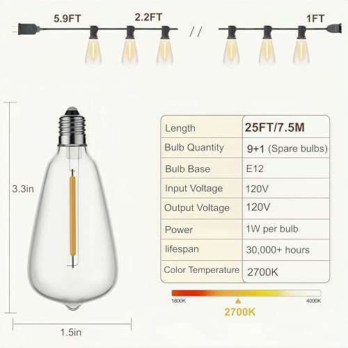 25FT Outdoor String Lights, IP45 Waterproof Patio Lights LED ST38, alternate view 7
