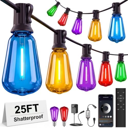 25FT Plug-in String Lights, Fixed 5-Color ST38 Bulbs, Bluetooth & Remote