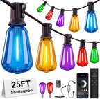 25FT Plug-in String Lights, Fixed 5-Color ST38 Bulbs, Bluetooth & Remote