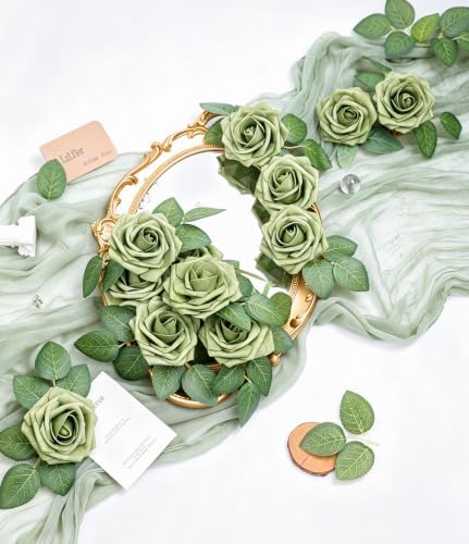 25pcs Elf Green Foam Fake Roses with Stems DIY Wedding Bouquets in Elf Green, alternate view 4