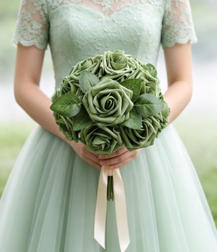 25pcs Elf Green Foam Fake Roses with Stems DIY Wedding Bouquets in Elf Green, alternate view 5