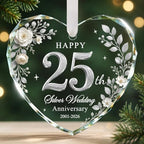 25th Anniversary Ornament - Heart Glass Wedding Gifts for Couple 2026 in Silver - 25th Anniversary