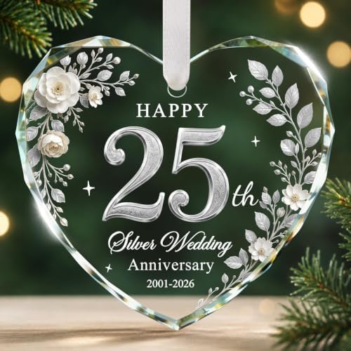 25th Anniversary Ornament - Heart Glass Wedding Gifts for Couple 2026 in Silver - 25th Anniversary