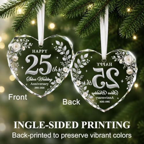 25th Anniversary Ornament - Heart Glass Wedding Gifts for Couple 2026 in Silver - 25th Anniversary, alternate view 2