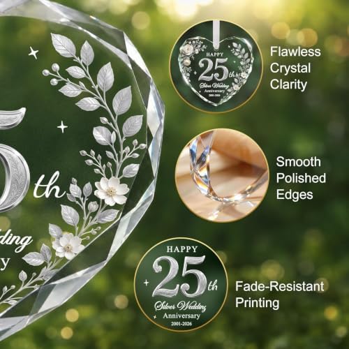 25th Anniversary Ornament - Heart Glass Wedding Gifts for Couple 2026 in Silver - 25th Anniversary, alternate view 3