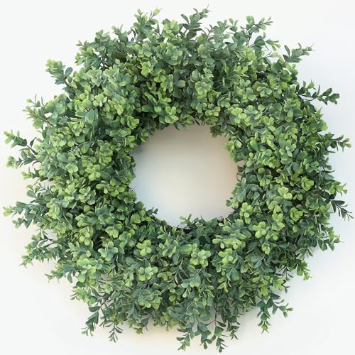 26" Artificial Boxwood Wreath Fake Plant for Front Door Decor (Green) in Green