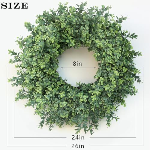26" Artificial Boxwood Wreath Fake Plant for Front Door Decor (Green) in Green, alternate view 3