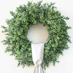 26" Artificial Boxwood Wreath with Sash for Front Door Decor (Green) in Green