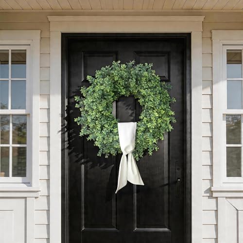 26" Artificial Boxwood Wreath with Sash for Front Door Decor (Green) in Green, alternate view 2