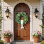 26" Artificial Boxwood Wreath with Sash for Front Door Decor (Green) in Green, alternate view 3