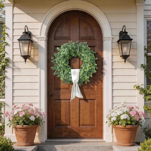 26" Artificial Boxwood Wreath with Sash for Front Door Decor (Green) in Green, alternate view 3
