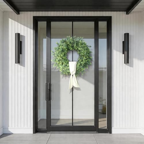 26" Artificial Boxwood Wreath with Sash for Front Door Decor (Green) in Green, alternate view 4