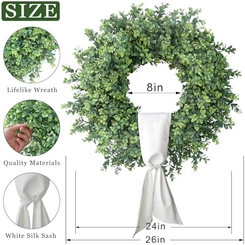 26" Artificial Boxwood Wreath with Sash for Front Door Decor (Green) in Green, alternate view 5