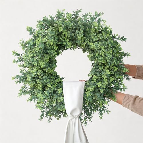 26" Artificial Boxwood Wreath with Sash for Front Door Decor (Green) in Green, alternate view 6