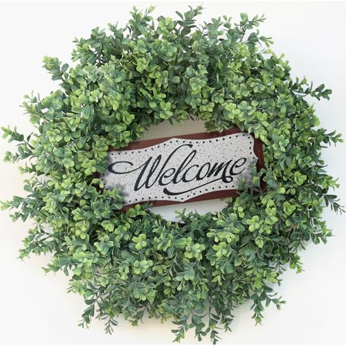 26" Artificial Boxwood Wreath with Welcome Sign for Front Door Decor(Green) in Green
