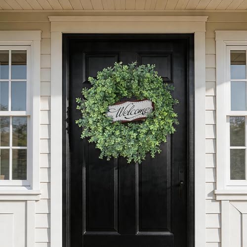 26" Artificial Boxwood Wreath with Welcome Sign for Front Door Decor(Green) in Green, alternate view 2