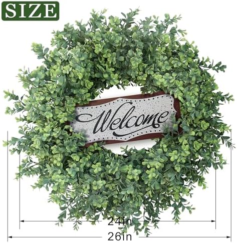 26" Artificial Boxwood Wreath with Welcome Sign for Front Door Decor(Green) in Green, alternate view 3