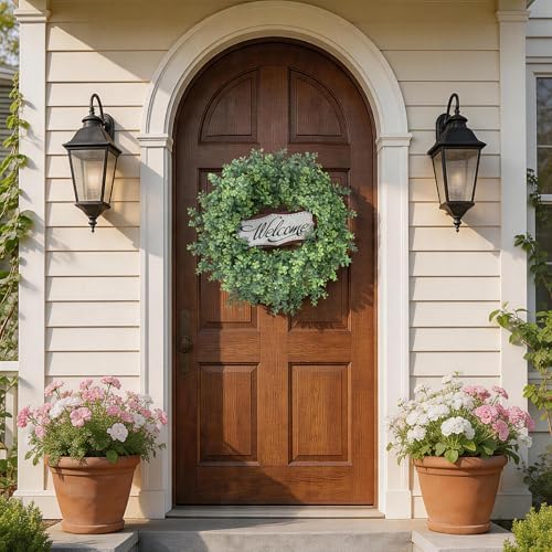 26" Artificial Boxwood Wreath with Welcome Sign for Front Door Decor(Green) in Green, alternate view 4
