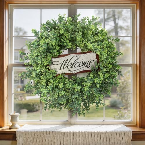 26" Artificial Boxwood Wreath with Welcome Sign for Front Door Decor(Green) in Green, alternate view 5