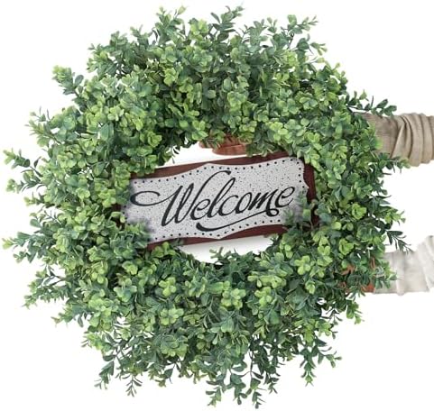 26" Artificial Boxwood Wreath with Welcome Sign for Front Door Decor(Green) in Green, alternate view 6