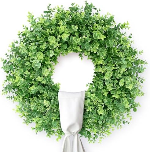 26" Artificial Eucalyptus Wreath with Sash for Front Door Decor(Green) in Green
