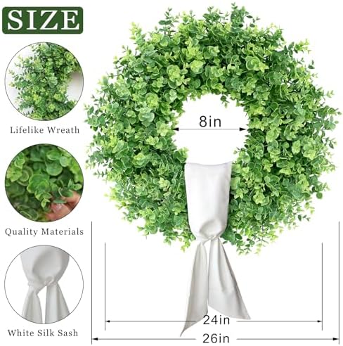 26" Artificial Eucalyptus Wreath with Sash for Front Door Decor(Green) in Green, alternate view 5