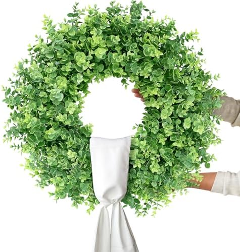 26" Artificial Eucalyptus Wreath with Sash for Front Door Decor(Green) in Green, alternate view 6