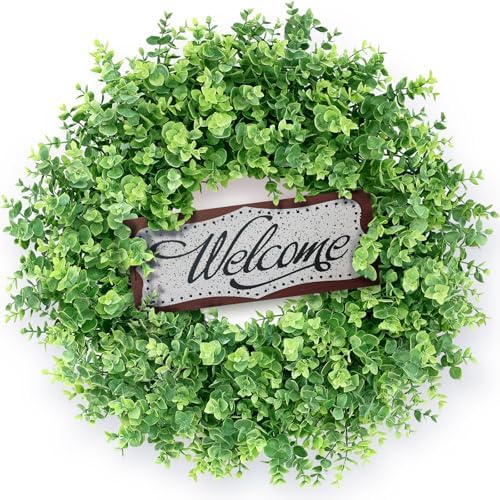 26" Artificial Eucalyptus Wreath with Welcome Sign for Front Door(Green) in Green