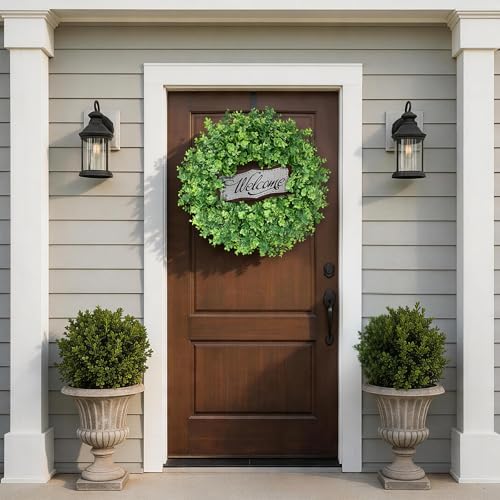 26" Artificial Eucalyptus Wreath with Welcome Sign for Front Door(Green) in Green, alternate view 2