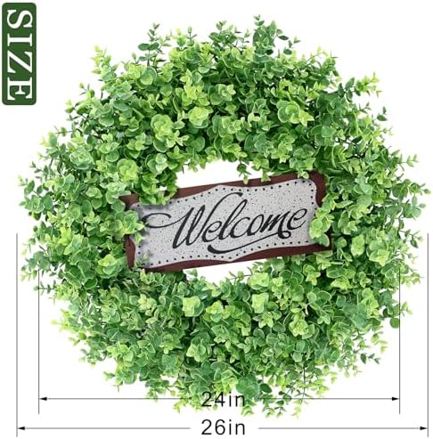 26" Artificial Eucalyptus Wreath with Welcome Sign for Front Door(Green) in Green, alternate view 3