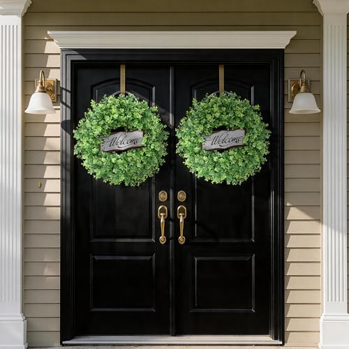 26" Artificial Eucalyptus Wreath with Welcome Sign for Front Door(Green) in Green, alternate view 4