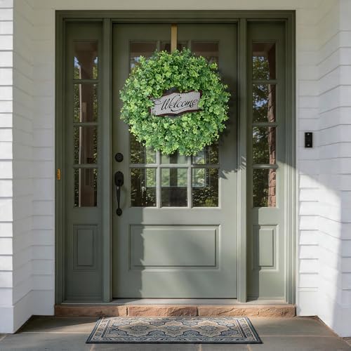 26" Artificial Eucalyptus Wreath with Welcome Sign for Front Door(Green) in Green, alternate view 5