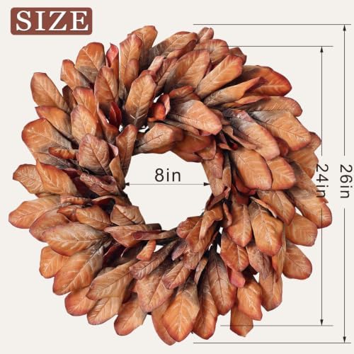 26" Artificial Fall Magnolia Leaf Wreath for Front Door Decoration (Orange), alternate view 2