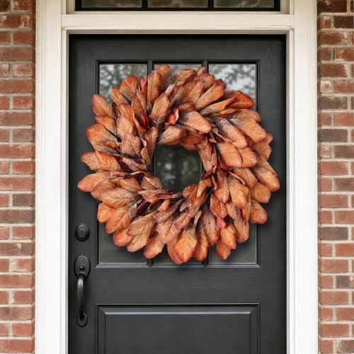 26" Artificial Fall Magnolia Leaf Wreath for Front Door Decoration (Orange), alternate view 3