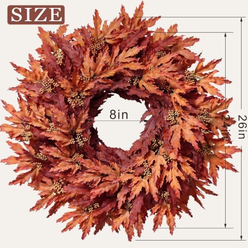 26" Artificial Fall Maple Leaves Wreath for Front Door Decoration (Orange), alternate view 2