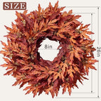 26" Artificial Fall Maple Leaves Wreath for Front Door Decoration (Orange), alternate view 2