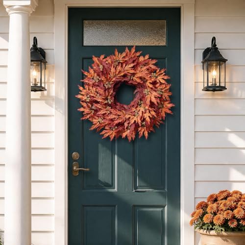 26" Artificial Fall Maple Leaves Wreath for Front Door Decoration (Orange), alternate view 3
