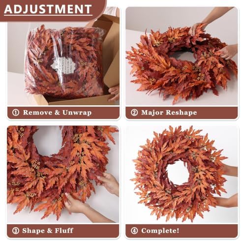 26" Artificial Fall Maple Leaves Wreath for Front Door Decoration (Orange), alternate view 6
