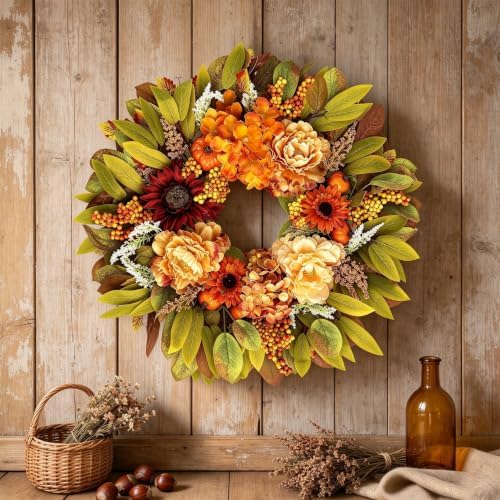 26" Artificial Harvest Fall Wreaths for Front Door with Hydrangea Peony in Multicolor, alternate view 2