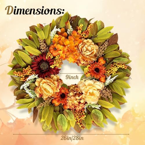 26" Artificial Harvest Fall Wreaths for Front Door with Hydrangea Peony in Multicolor, alternate view 3