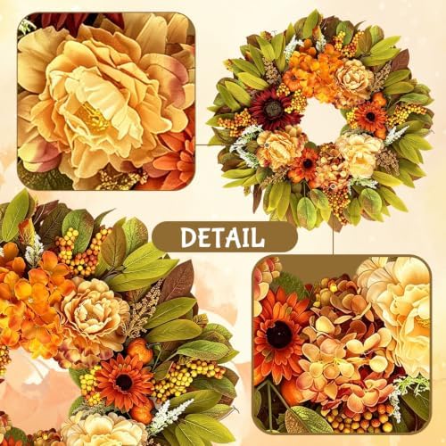 26" Artificial Harvest Fall Wreaths for Front Door with Hydrangea Peony in Multicolor, alternate view 4