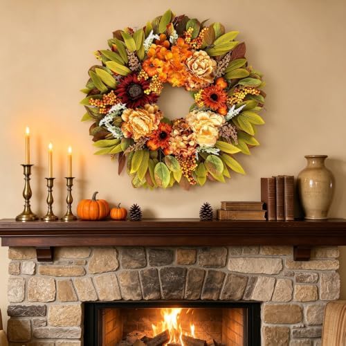 26" Artificial Harvest Fall Wreaths for Front Door with Hydrangea Peony in Multicolor, alternate view 6