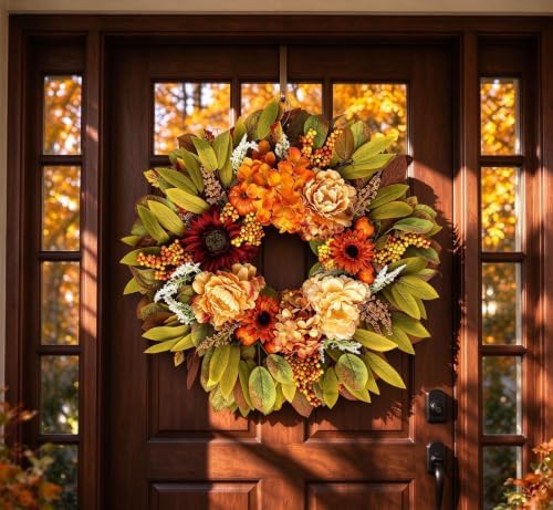 26" Artificial Harvest Fall Wreaths for Front Door with Hydrangea Peony in Multicolor, alternate view 7