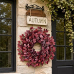 26" Artificial Hibiscus Leaves Fall Wreath for Front Door Decor(Autumn Red), alternate view 2